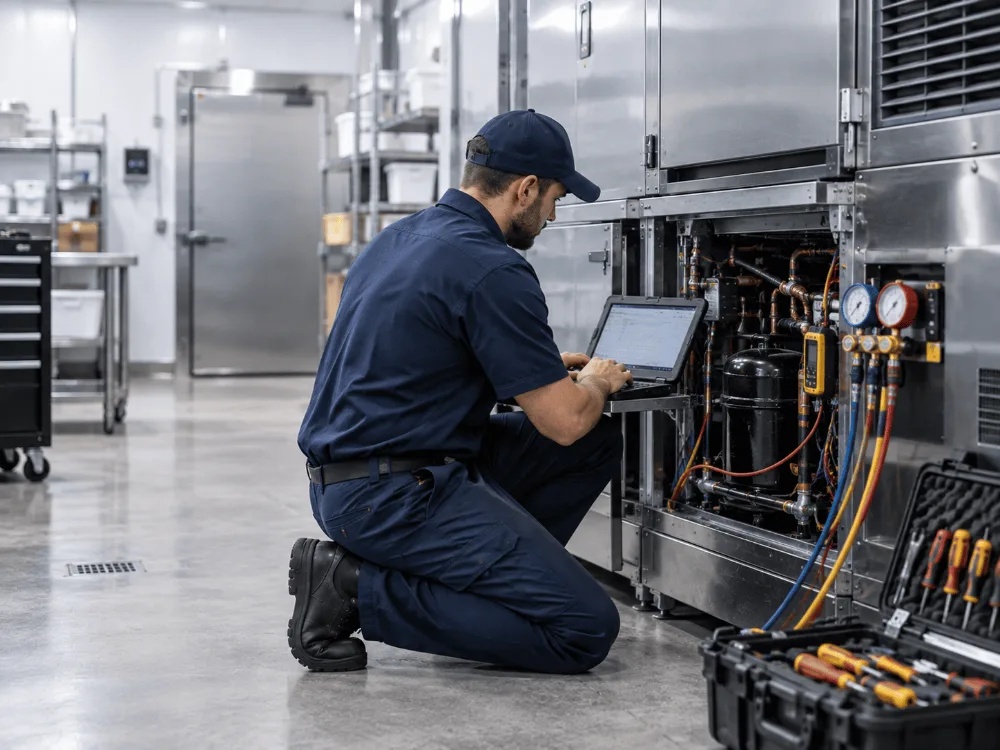 Technician repairing commercial cooling equipment